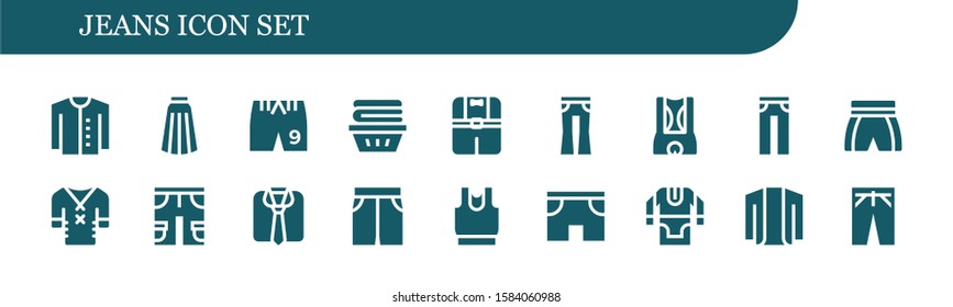 jeans icon set. 18 filled jeans icons.  Collection Of - Cardigan, Skirt, Shorts, Clothes, Jeans, Short, Tunic, Trousers icons
