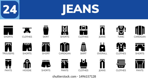 jeans icon set. 24 filled jeans icons.  Simple modern icons about  - Shorts, Clothes, Skirt, Jeans, Tunic, Cardigan, Trousers, Short, Overall, Pants, Hoodie