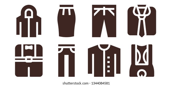 jeans icon set. 8 filled jeans icons.  Simple modern icons about  - Clothes, Hoodie, Jeans, Skirt, Cardigan, Trousers, Shorts