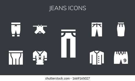 jeans icon set. 9 filled jeans icons. Included Jeans, Clothes, Pants, Shorts, Skirt, Cardigan, Trousers icons