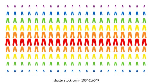Jeans icon spectral halftone pattern. Vector symbols arranged into halftone matrix with vertical rainbow colors gradient. Designed for backgrounds, covers, templates and abstract compositions.