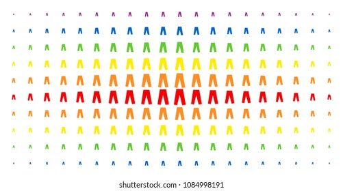 Jeans icon spectrum halftone pattern. Vector jeans symbols are arranged into halftone array with vertical spectrum gradient. Constructed for backgrounds, covers, templates and abstract compositions.