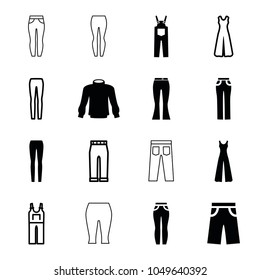 Jeans icons. set of 16 editable filled and outline jeans icons such as pants, woman pants, jumpsuit