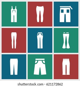 Jeans icons set. set of 9 jeans filled icons such as pants, woman pants