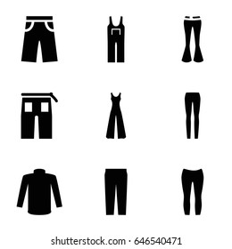 Jeans icons set. set of 9 jeans filled icons such as sweater, pants, jumpsuit