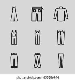 Jeans icons set. set of 9 jeans outline icons such as sweater, pants, woman pants