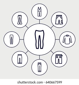 Jeans icons set. set of 9 jeans outline icons such as sweater, pants, woman pants