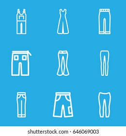 Jeans icons set. set of 9 jeans outline icons such as pants, woman pants