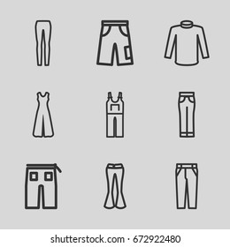 Jeans icons set. set of 9 jeans outline icons such as sweater, pants, jumpsuit