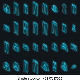 Iconos de jeans listos. Conjunto isométrico de jeans vectores iconos neón color sobre negro