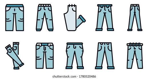 Jeans icons set. Outline set of jeans vector icons thin line color flat on white
