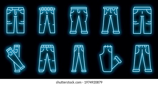 Jeans icons set. Outline set of jeans vector icons neon color on black