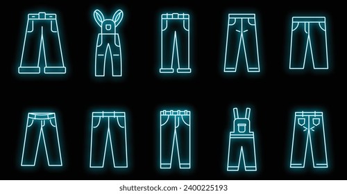 Jeans-Symbole setzen. Rahmenset für Jeans Vektorsymbole, Neonfarbe auf Schwarz