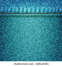 Jeans illustration, blue denim background with pocket or texture border element. Geometric denim surface pattern for flyers. Abstract indigo dyed effect decorative textured background. Vector.