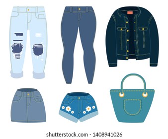 Jeans, jacket, shorts, skirt and bag. Vector cartoon denim clothes set isolated on white background.