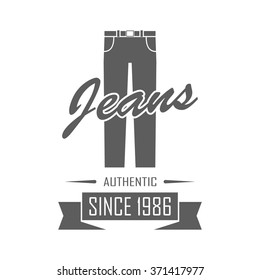 Jeans logotype. Isolated badge of jeans store on transparent background. Use for clothing shop advertising, window signage, web sites. Men's clothing store emblem, icon. Monochrome vector illustration