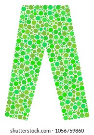 Jeans mosaic of filled circles in different sizes and fresh green shades. Vector dots are grouped into jeans composition. Eco vector illustration.