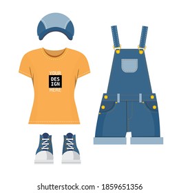 jeans overall and t-shirt and sneakers vector isolated objects