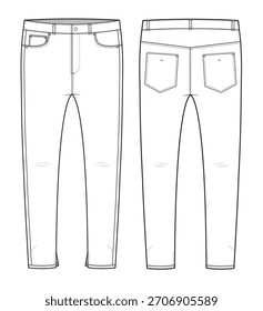 Calça Jeans frente e volta visão maquete modelo vetor design ilustração técnica.
