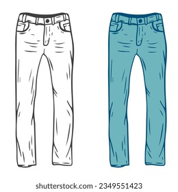 Jeans pants in cartoon hand draw flat style. Fashion unisex casual cloth isolated on white background. Set color and outline element. Vintage vector illustration.