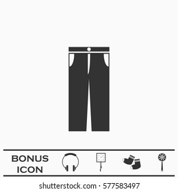 Jeans pants icon flat. Black pictogram on white background. Vector illustration symbol and bonus button