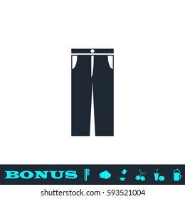 Jeans pants icon flat. Black pictogram on white background. Vector illustration symbol and bonus button