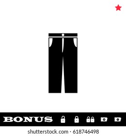 Jeans pants icon flat. Black pictogram on white background. Vector illustration symbol and bonus button open and closed lock, folder, star