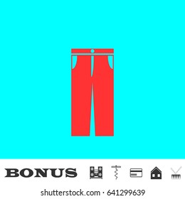 Jeans pants icon flat. Red pictogram on blue background. Vector illustration symbol and bonus buttons Music center, corkscrew, credit card, house, drum