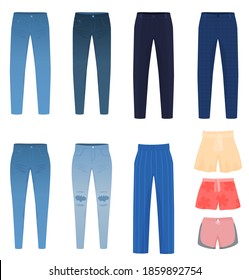 Jeans, pants, shorts, men's and women's pants. Isolated vector illustration
