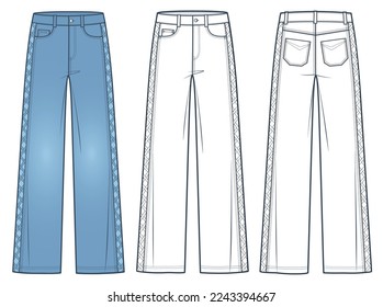 Jeans Pants technical fashion illustration, blue design. Denim Pants fashion flat technical drawing template, medium waist, side weave, front and back view, white, women, men, unisex CAD mockup set. 