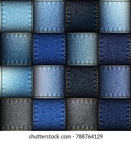 Jeans patchwork background. Seamless vector background. Imitation of a blue jeans ribbons.