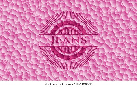 Jeans pink emblem with bubbles background. Vintage. Vector Illustration. Detailed. 