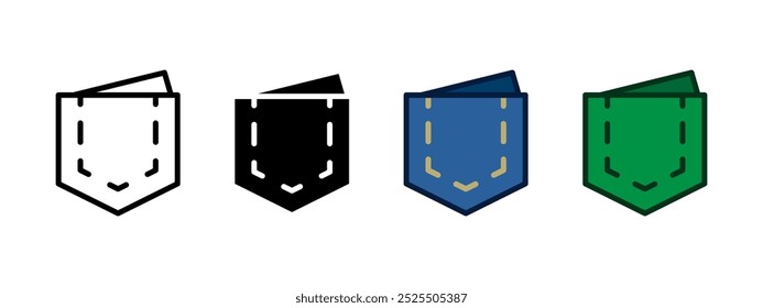 Conjunto de iconos de bolsillo de jeans. Ilustración vectorial de bolsillo vacío. Símbolo de la cartera. Pictograma de bolsillo de mezclilla azul aislado.