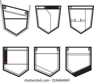 Jeans pocket isolated on white. Set of different jeans pocket. Isolated on white denim collection