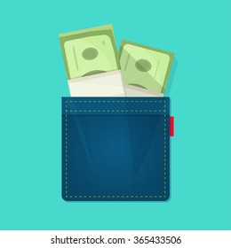 Jeans pocket with pile of paper money, concept of wallet, bag with cash heap, income, benefit, expenses, allowance savings, good success deal flat cartoon modern design vector illustration isolated
