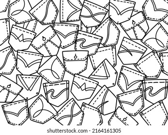Jeans pockets background. Vector denim scetch outline illustration isolated for design, print. Stylish denim fashion elements.