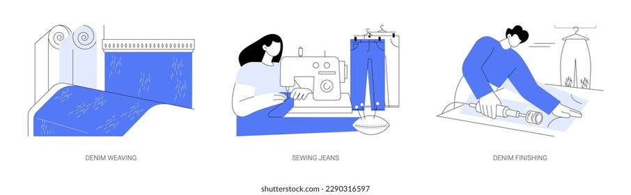 Jeans production abstract concept vector illustration set. Denim weaving, sewing jeans, denim trousers finishing, machine for tailoring, textiles and clothing, fashion industry abstract metaphor.