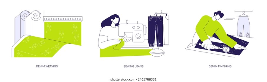 Jeans production abstract concept vector illustration set. Denim weaving, sewing jeans, denim trousers finishing, machine for tailoring, textiles and clothing, fashion industry abstract metaphor.