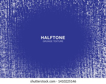 Jeans rough texture. Crumpled burlap border. Canvas grunge effect. Frame jeans textile background using halftone circle line  pattern. Vector denim illustration.