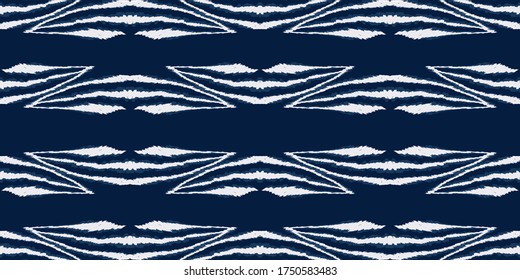 Jeans Shibori Arabic Vector Seamless Pattern. Japanese Fabric Tribal Pattern. Drawn Japan Ornament. Cyan Chevron Handmade Print.