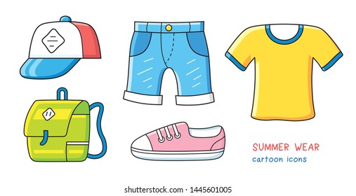 Jeans shorts, baseball cap, sneaker shoe, backpack and t-shirt isolated.