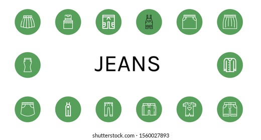 jeans simple icons set. Contains such icons as Skirt, Tanktop, Short, Overall, Jeans, Baby clothes, Shorts, Cardigan, can be used for web, mobile and logo