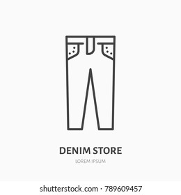 Jeans store flat line icon. Women apparel, denim pants sign. Thin linear logo for clothing shop.