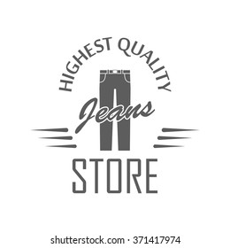 Jeans store logotype template. Isolated badge of jeans store on white background. Use for men's clothing shop advertising, window signage, web sites. Clothing store emblem, icon. Vector illustration.