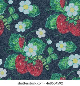 Jeans strawberry seamless background. Vector