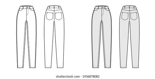 Jeans tapered Denim pants technical fashion illustration with full length, normal waist, high rise, 5 pockets, Rivets, belt loops. Flat bottom front back, white, grey color style. Women men unisex CAD