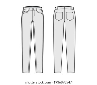 Jeans tapered Denim pants technical fashion illustration with full length, low waist, rise, 5 pockets, Rivets, belt loops. Flat bottom template front back grey color style. Women men unisex CAD mockup