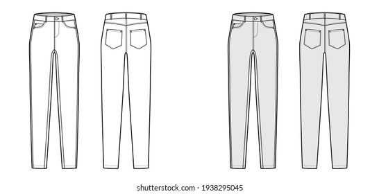 Jeans tapered Denim pants technical fashion illustration with full length, low waist, rise, 5 pockets, Rivets. Flat bottom template front back, white, grey color style. Women, men, unisex CAD mockup