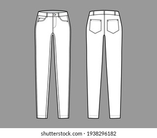 Jeans tapered Denim pants technical fashion illustration with full length, low waist, 5 pockets, Rivets, belt loops. Flat bottom template front back, white color style. Women, men, unisex CAD mockup