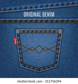 jeans texture blue color with pocket and stitching seam. denim background for your design. stock vector illustration